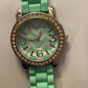 Teal Stainless Steel Chevron Watch with Rhinestones [New Battery Needed]